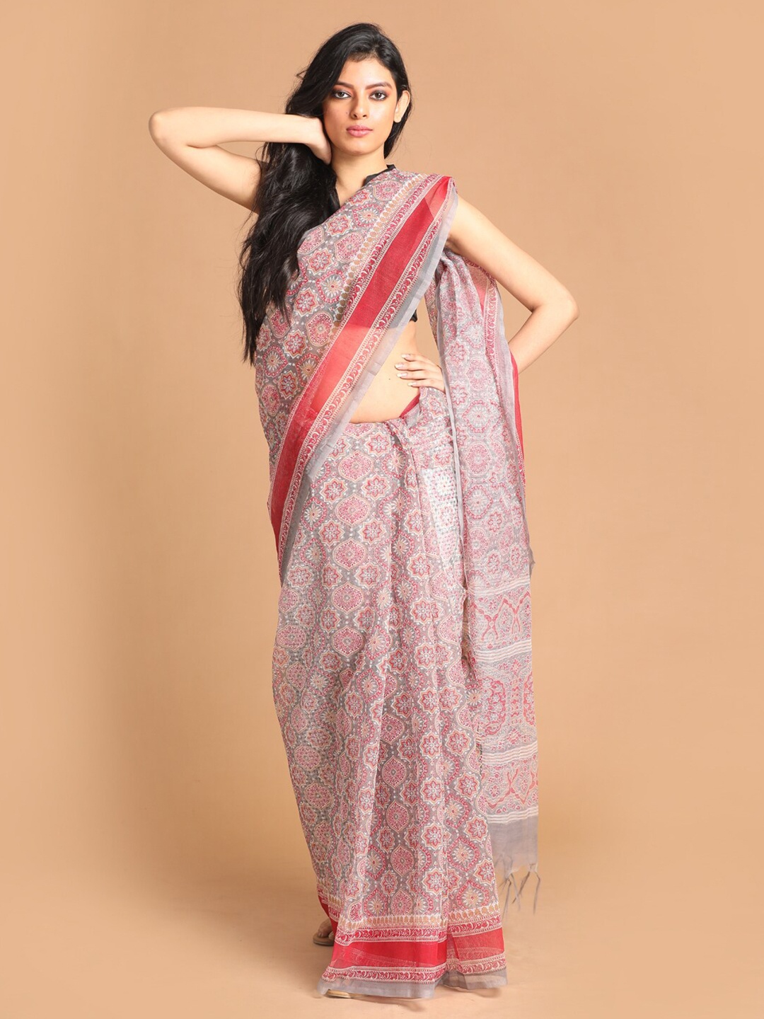 

Indethnic Grey & Red Ethnic Motifs Supernet Saree