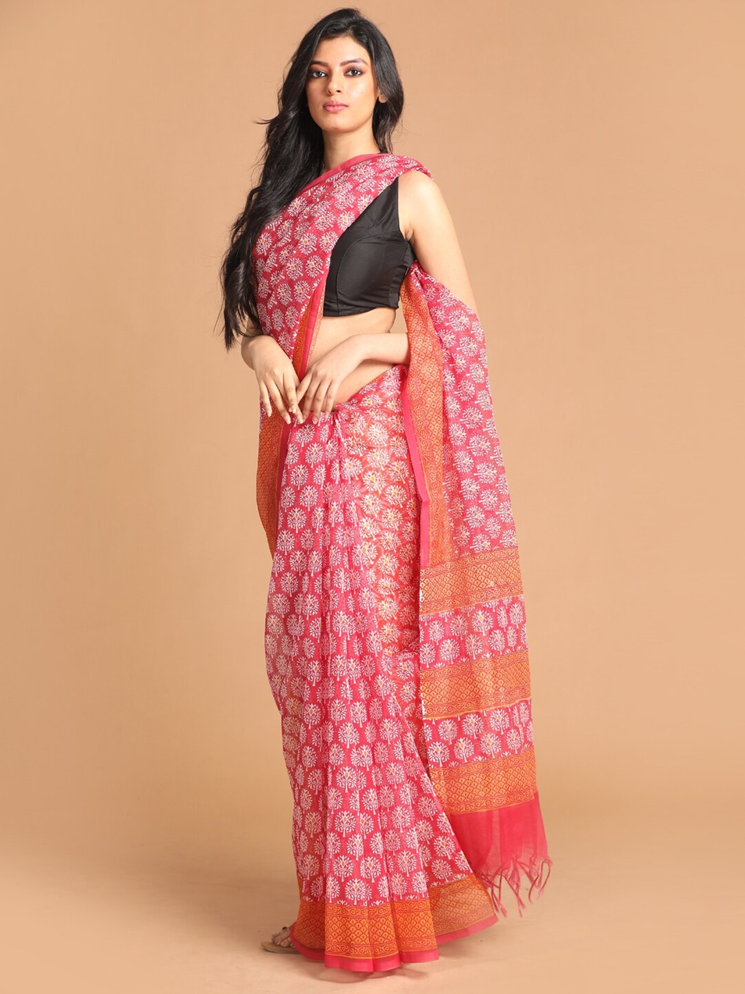 

Indethnic Women Maroon Printed Cotton Blend Saree