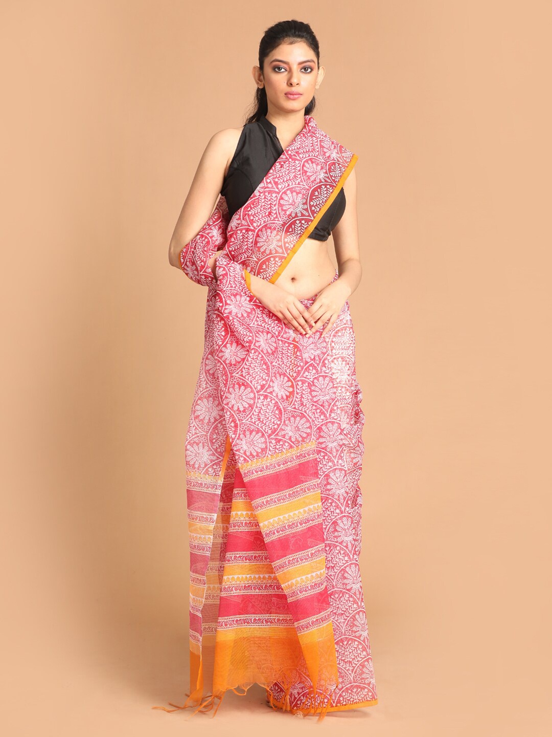 

Indethnic Maroon & Yellow Floral Printed Supernet Saree