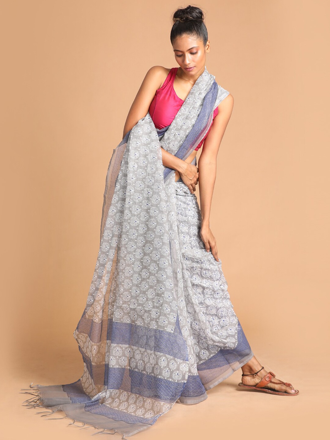 

Indethnic Grey & Blue Ethnic Motifs Supernet Saree