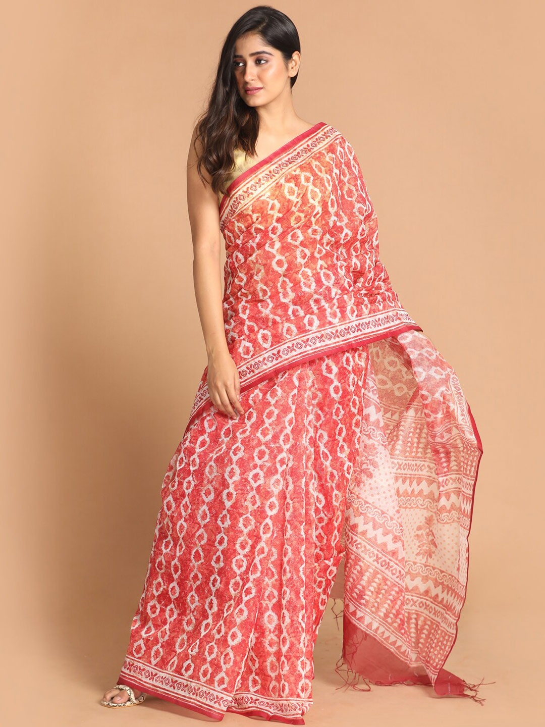

Indethnic Maroon & White Batik Supernet Saree