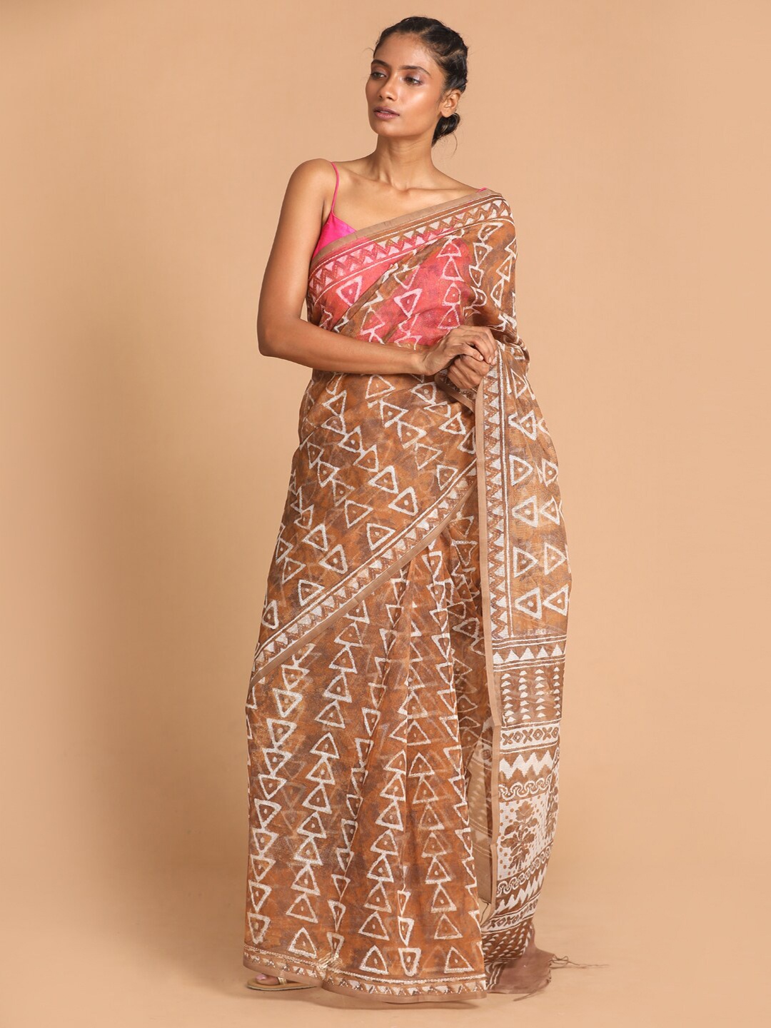 

Indethnic Brown & White Printed Supernet Saree