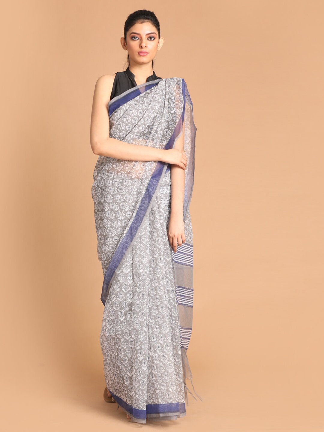 

Indethnic Grey & White Ethnic Motifs Printed Saree