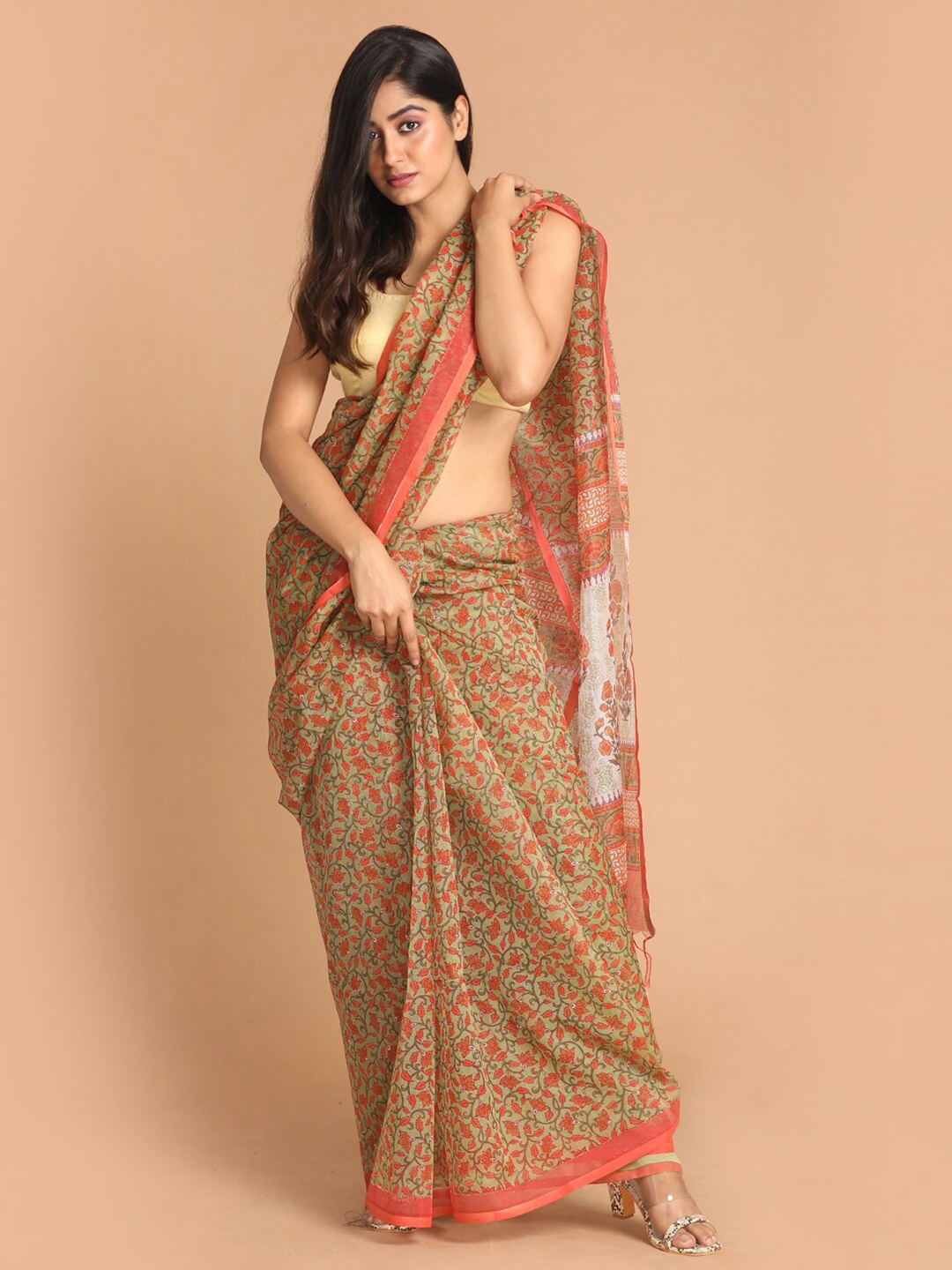 

Indethnic Green & Orange Floral Supernet Saree