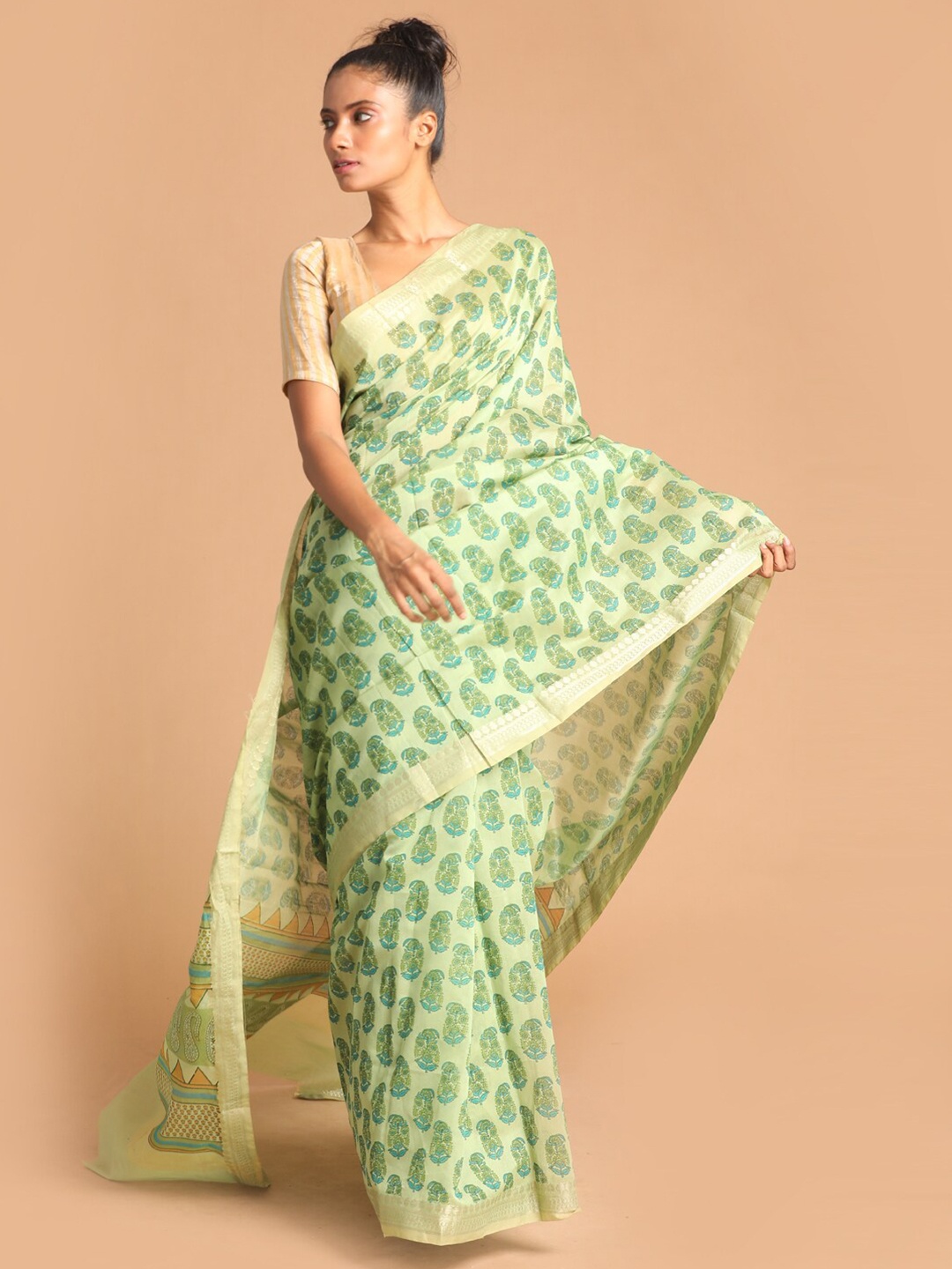 

Indethnic Green & Blue Ethnic Motifs Zari Saree