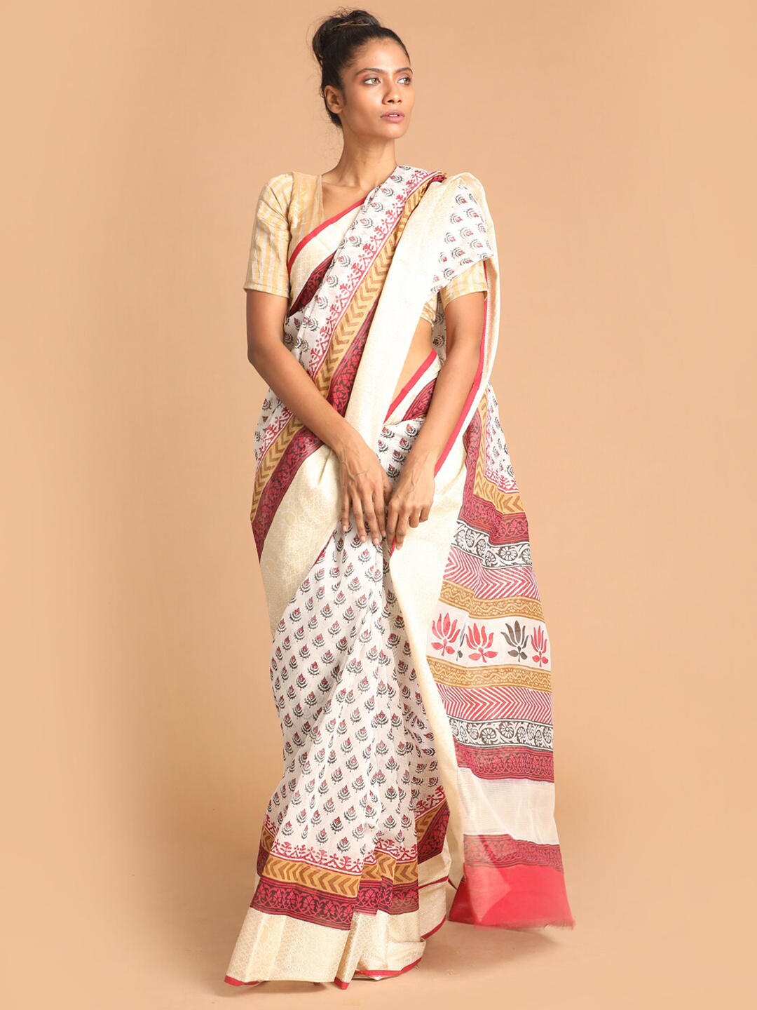 

Indethnic Maroon & White Ethnic Motifs Zari Block Print Saree