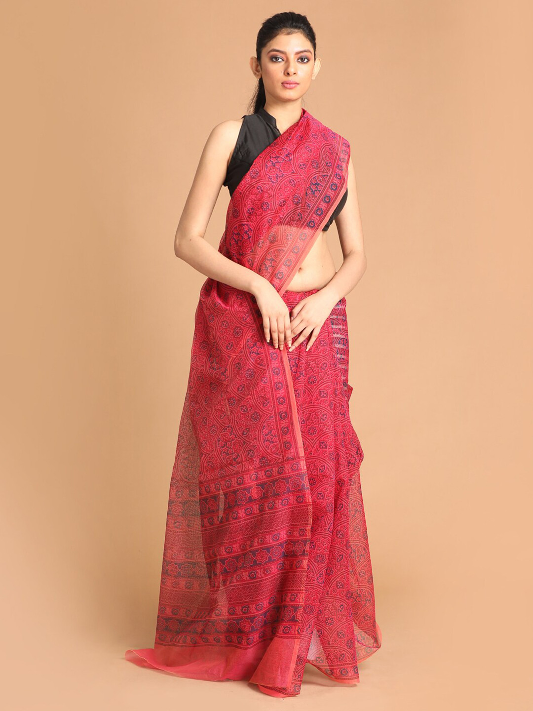 

Indethnic Red Ethnic Motifs Supernet Saree