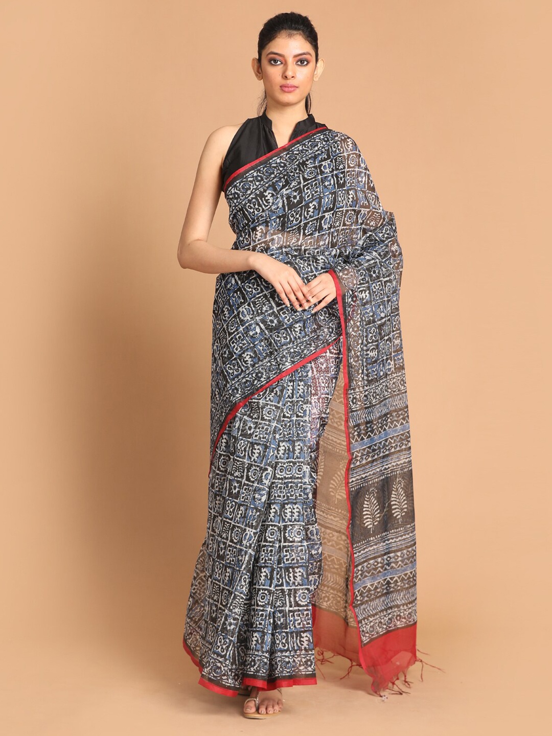 

Indethnic Black & White Printed Supernet Block Print Saree