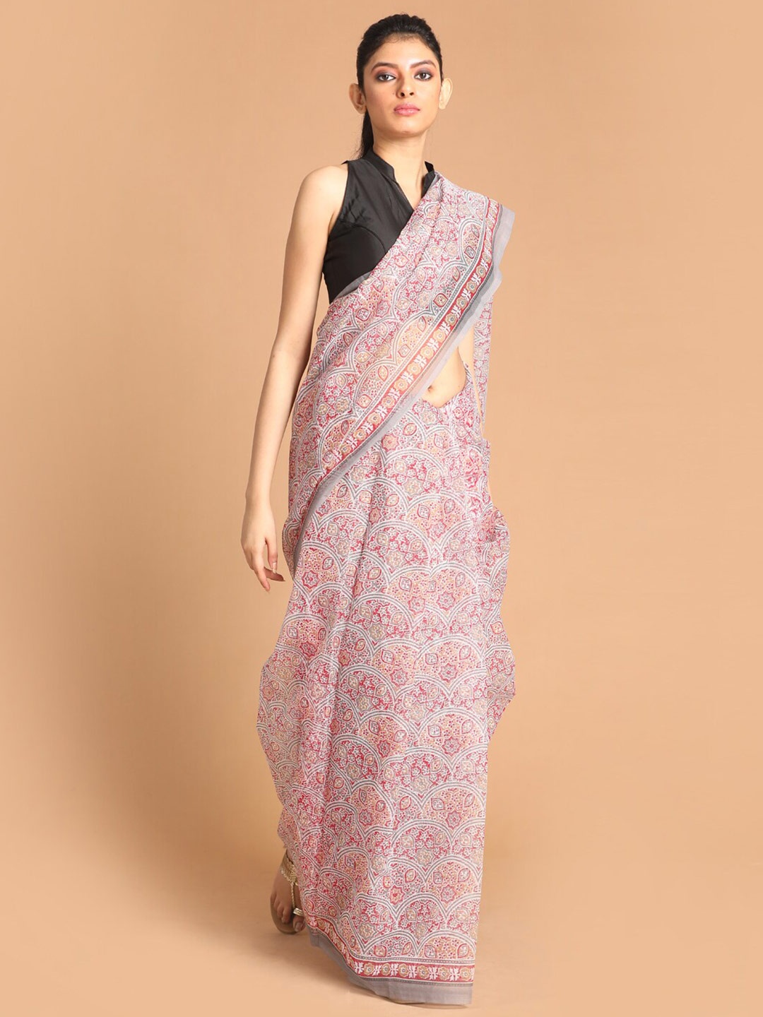 

Indethnic Grey & Maroon Ethnic Motifs Supernet Saree