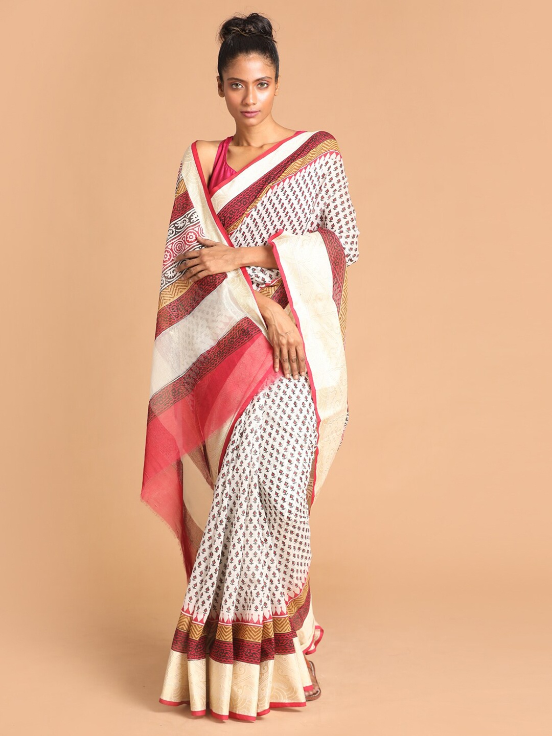 

Indethnic White & Maroon Ethnic Motifs Zari Block Print Saree