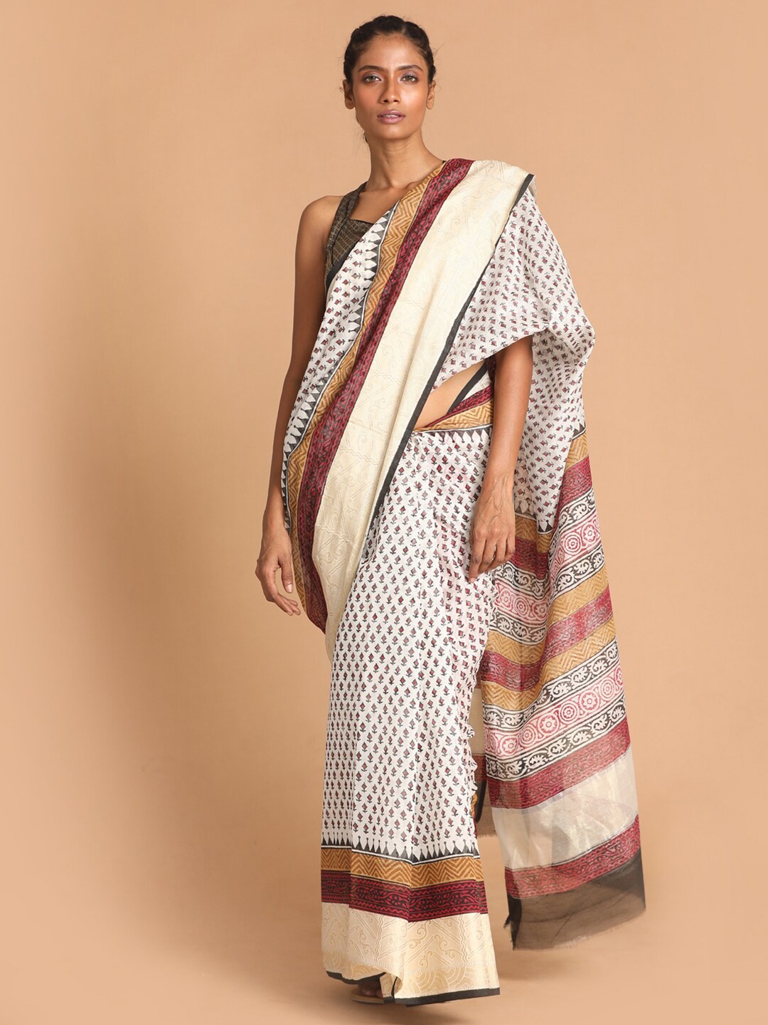 

Indethnic White & Brown Ethnic Motifs Block Print Saree