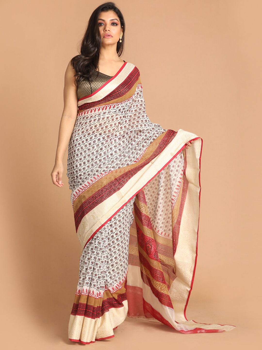 

Indethnic Maroon & White Floral Block Printed Saree
