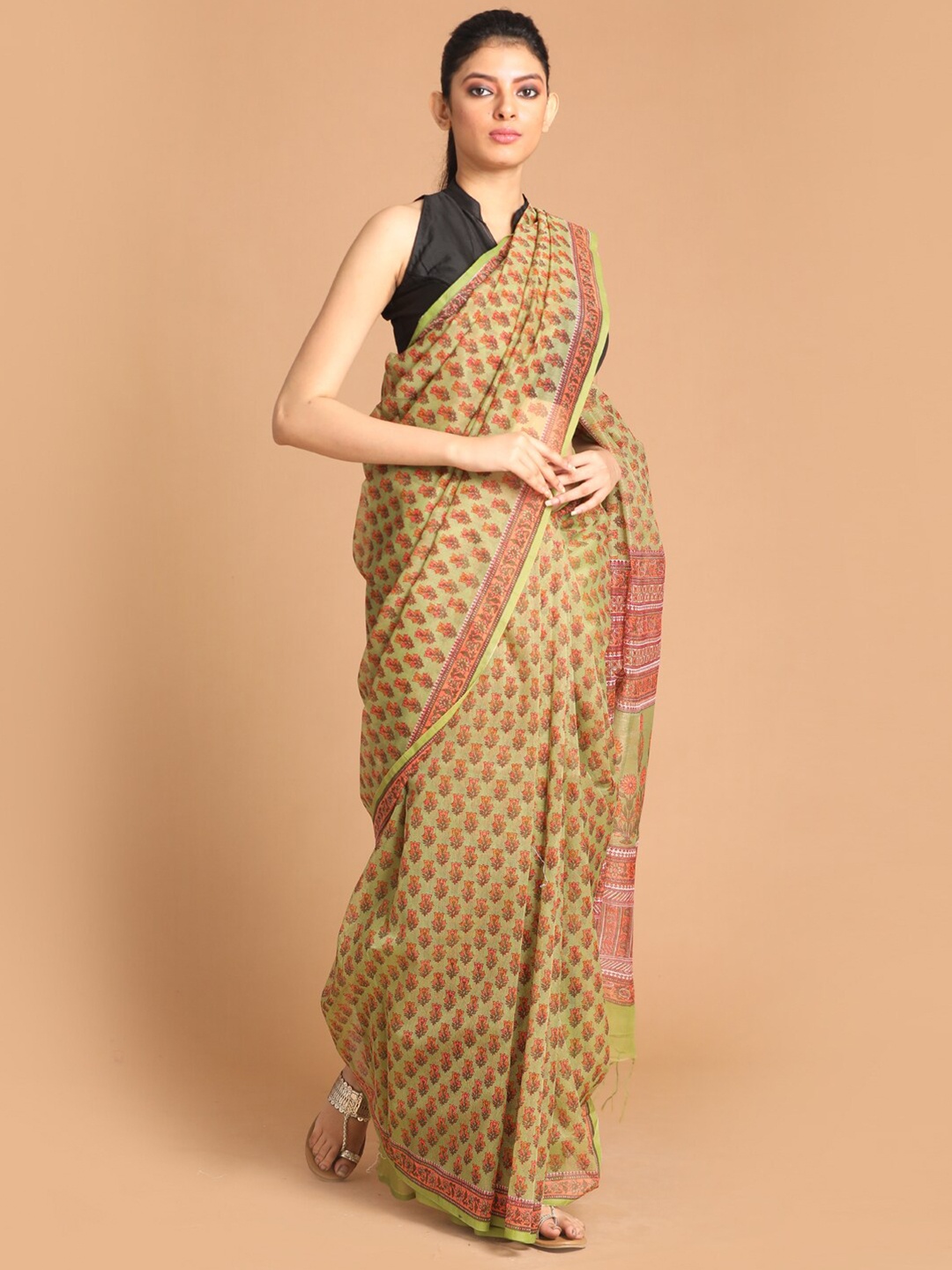 

Indethnic Green & Orange Floral Printed Supernet Saree