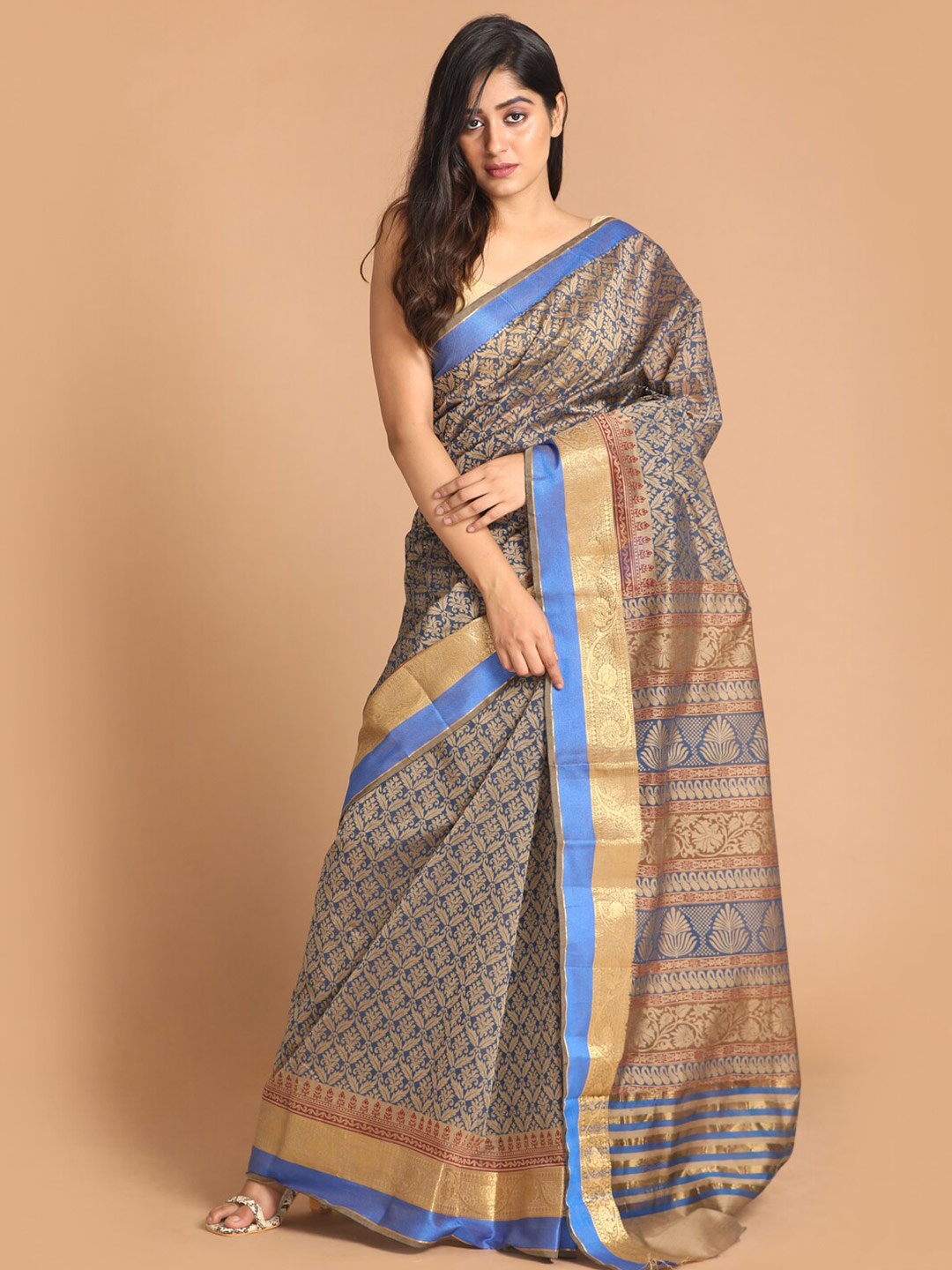 

Indethnic Blue & Gold-Toned Ethnic Motifs Zari Saree