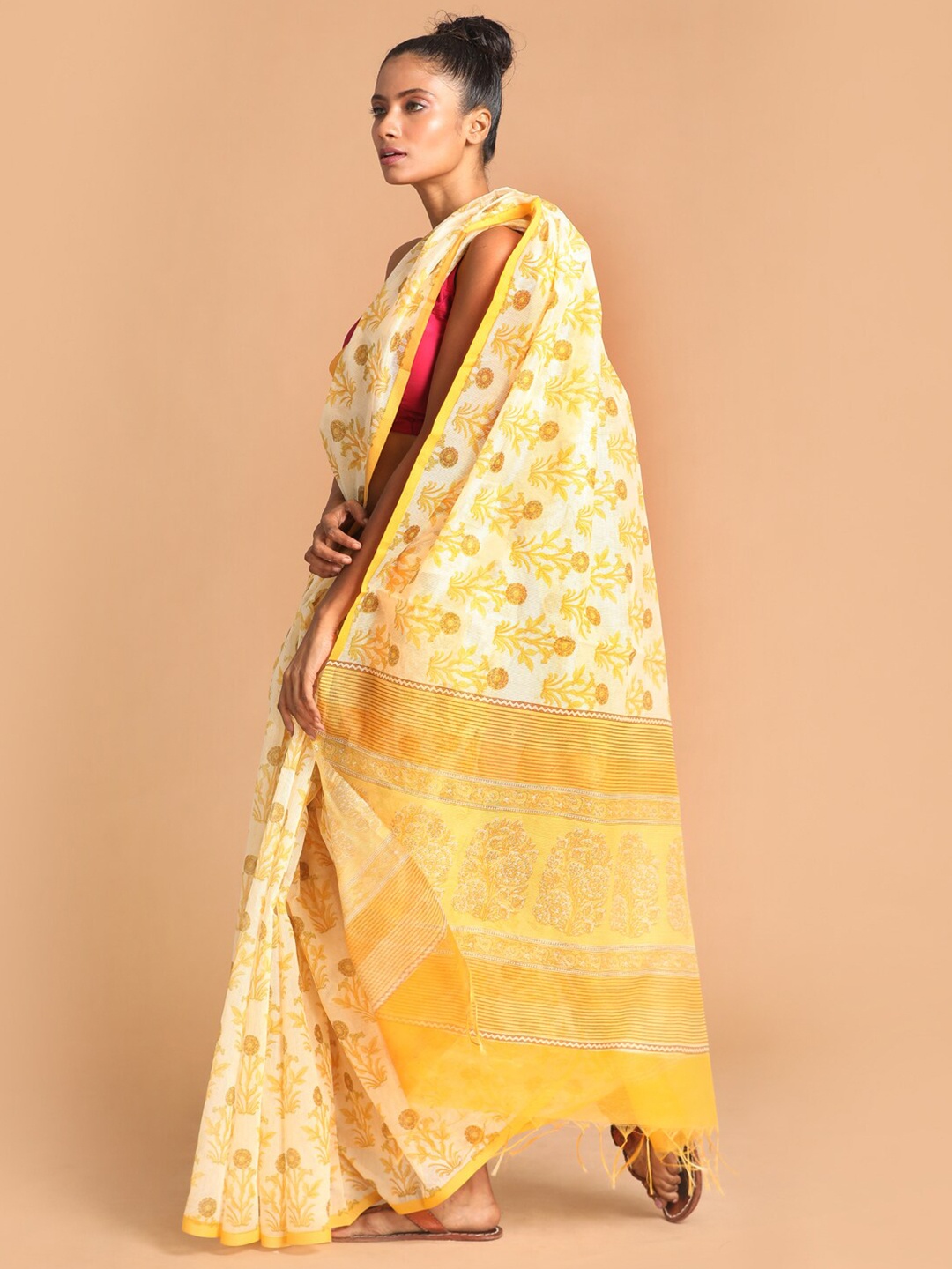 

Indethnic Yellow & White Floral Supernet Saree
