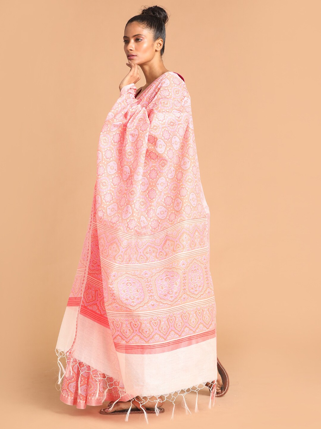 

Indethnic Coral & White Ethnic Motifs Saree