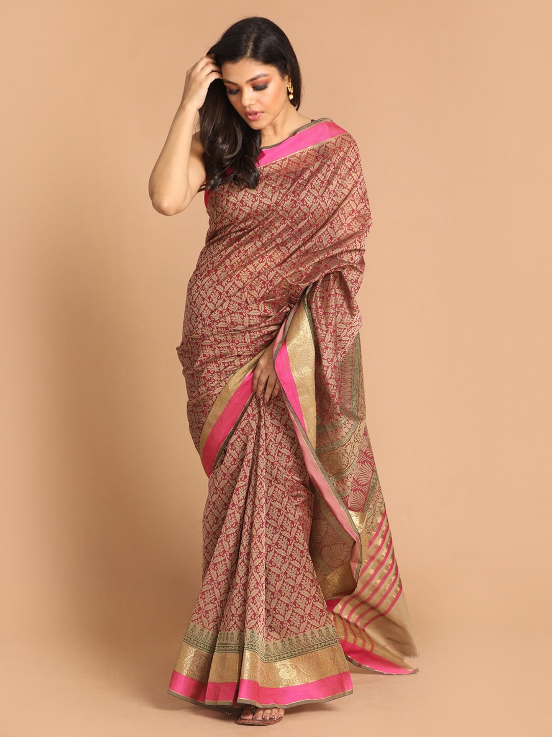 

Indethnic Magenta & Brown Ethnic Motifs Zari Saree