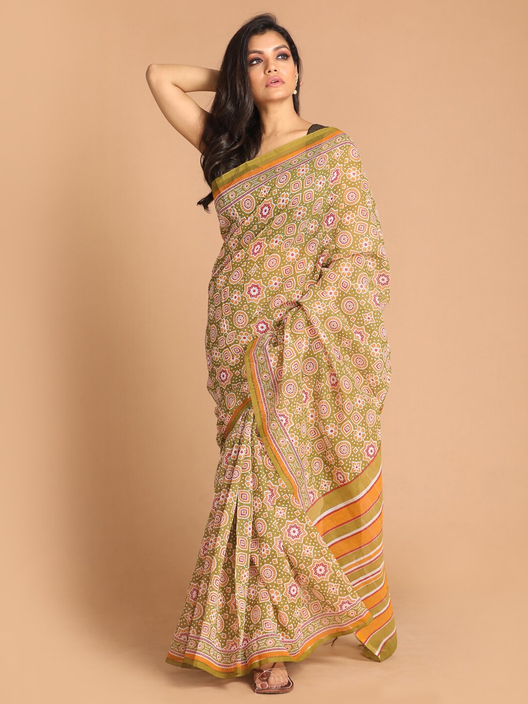 

Indethnic Olive Green Ethnic Motifs Zari Supernet Saree