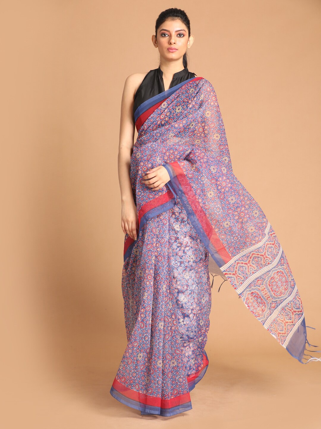

Indethnic Blue & White Ethnic Motifs Supernet Saree