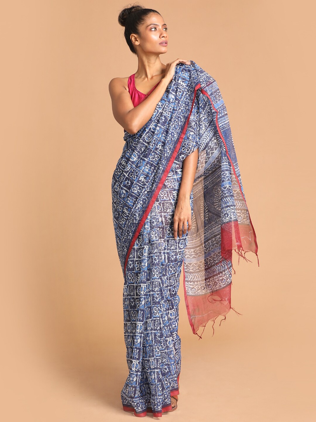 

Indethnic Blue & Red Block Print Supernet Saree
