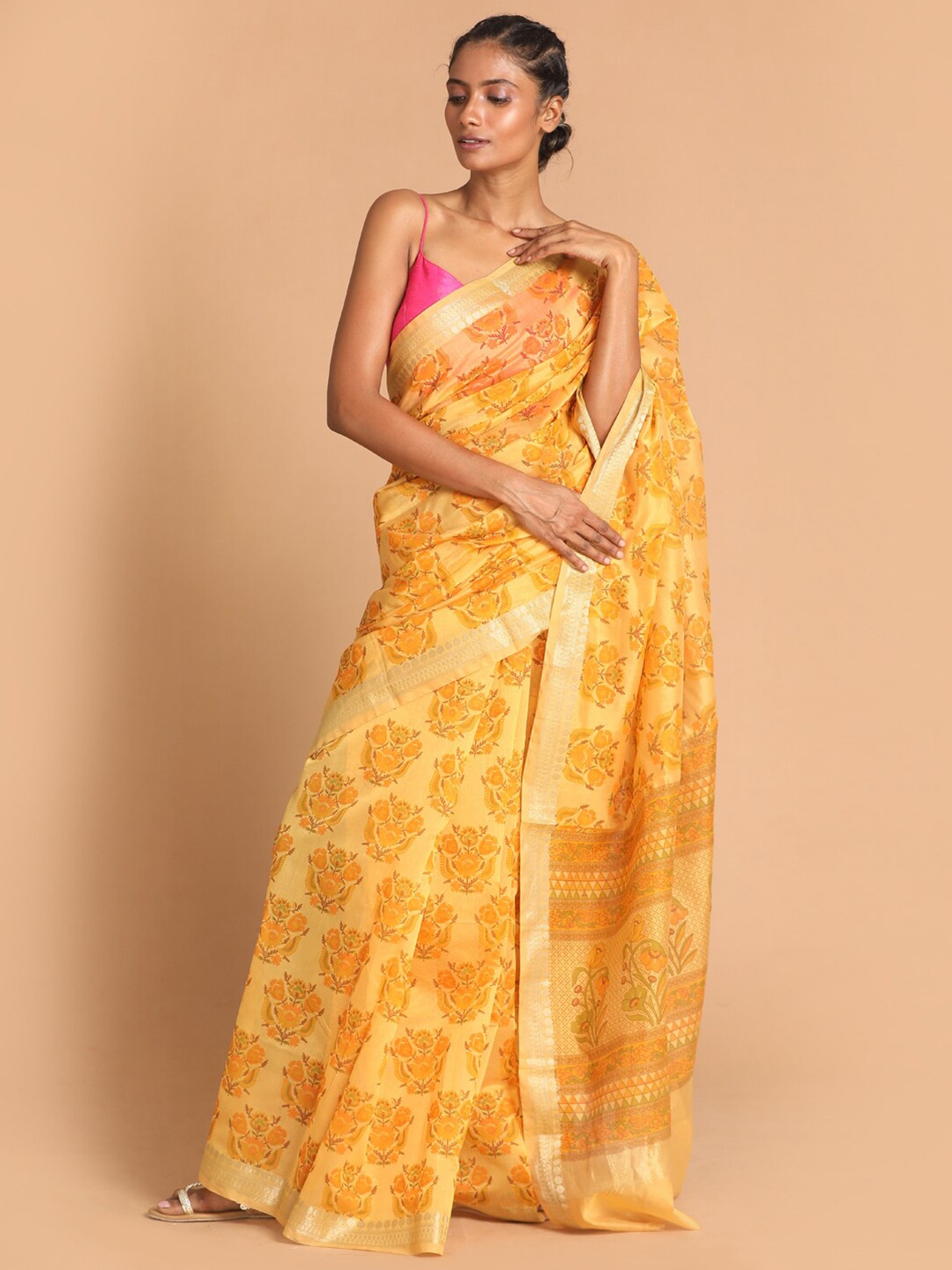 

Indethnic Yellow & Green Ethnic Motifs Zari Saree