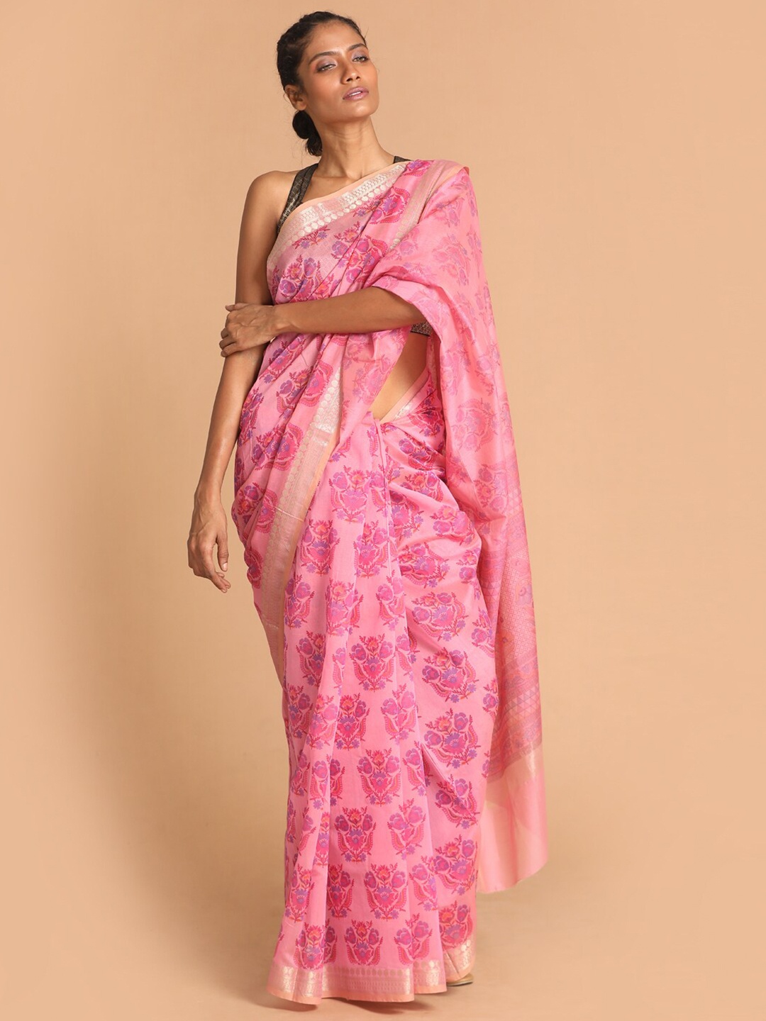 

Indethnic Pink & Purple Ethnic Motifs Zari Saree