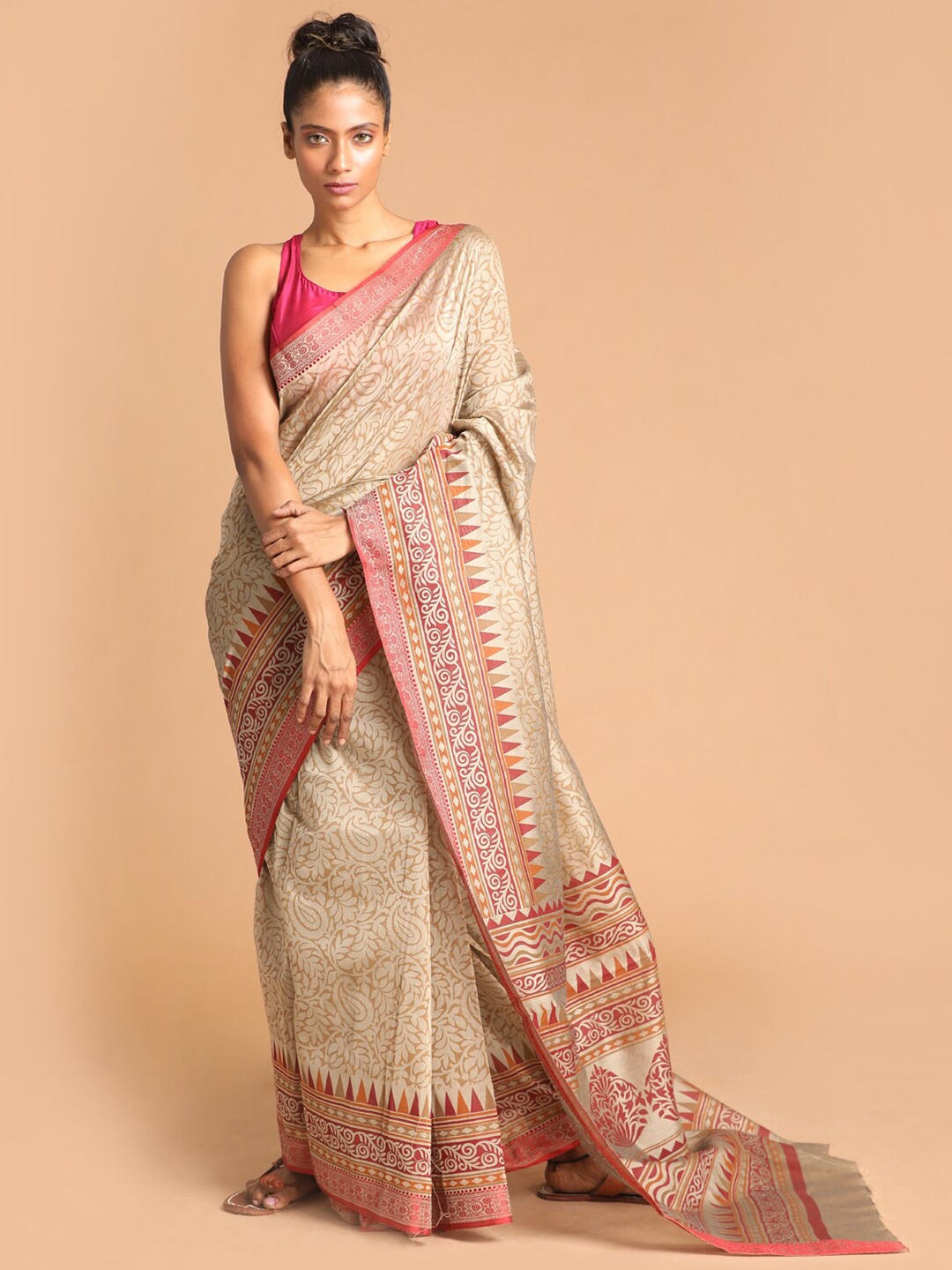 

Indethnic Beige & Maroon Ethnic Motifs Saree