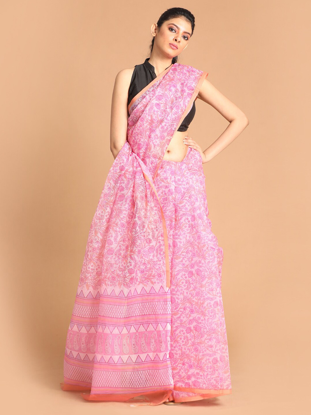 

Indethnic Pink Floral Printed Supernet Saree