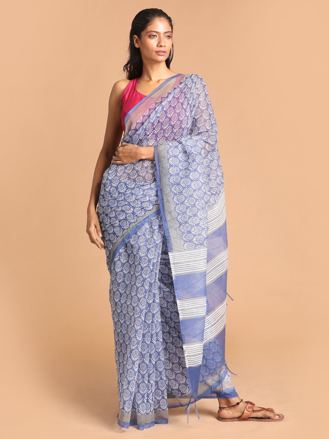 

Indethnic Blue & White Ethnic Motifs Zari Supernet Saree