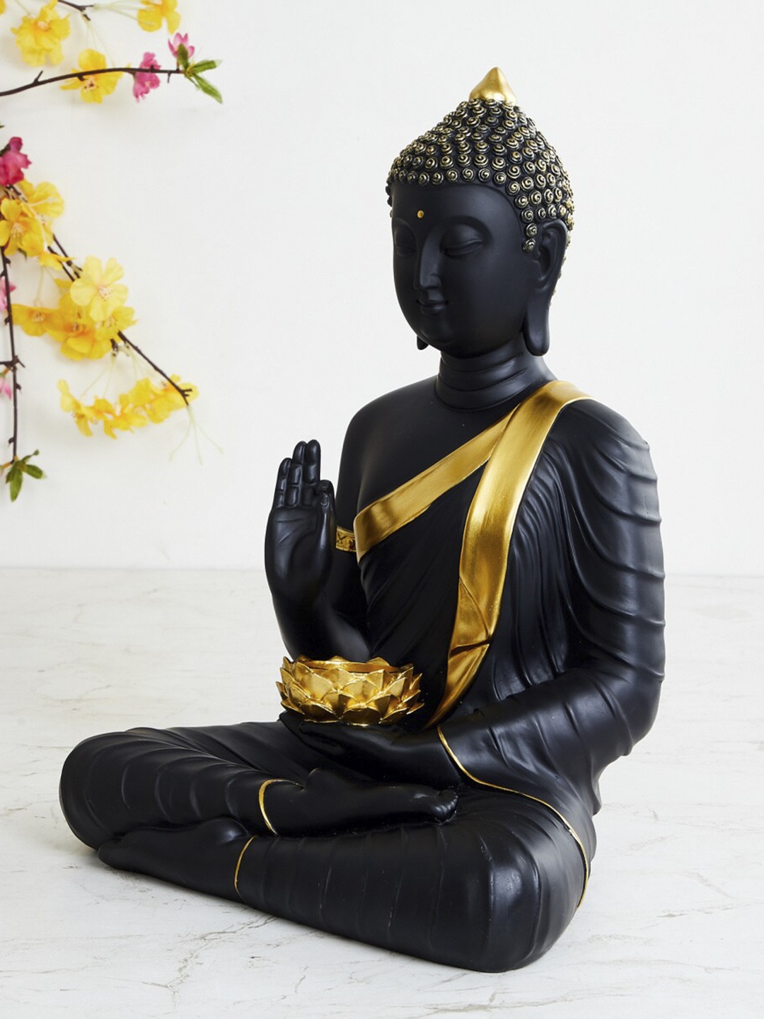 

Home Centre Black & Gold-Toned Polyresin Buddha Figurine With T-light Showpiece