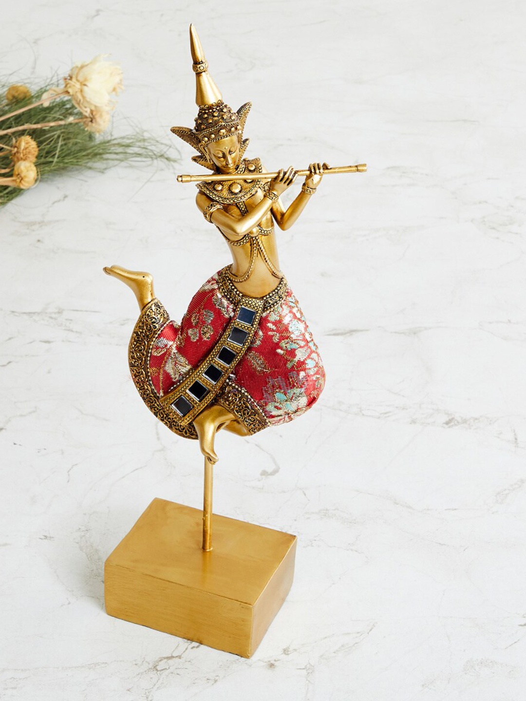 

Home Centre Gold-Toned & Red Polyresin Poluresi Lady With Flute Figurine