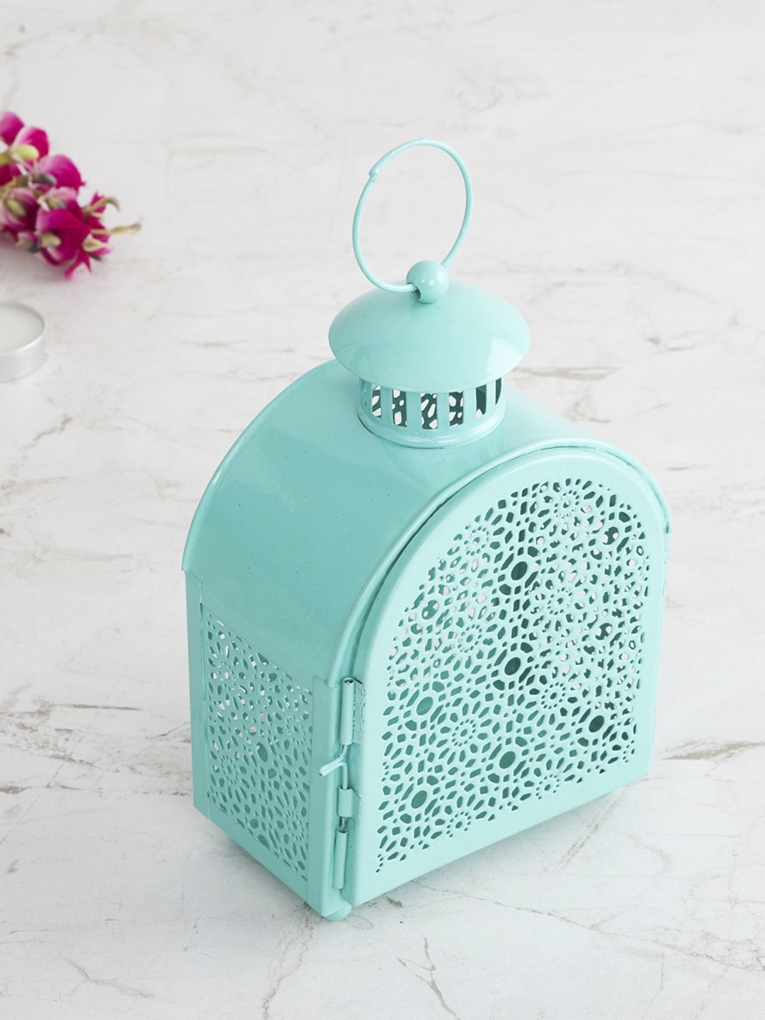 

Home Centre Teal Metal Etched Lantern Showpieces