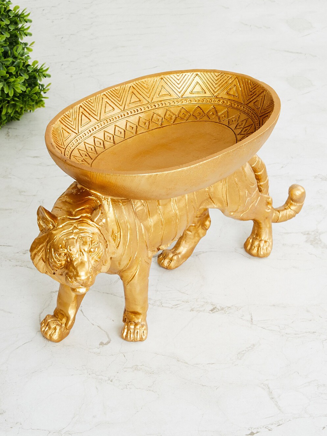 

Home Centre Gold Textured Polyresin Potpourri Bowl with Tiger Accent Showpiece