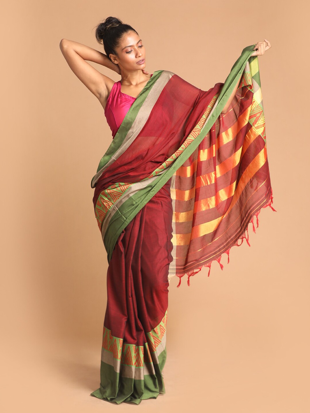 Saranee Maroon & Green Striped Pure Cotton Saree