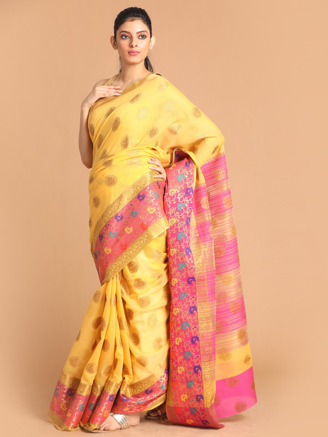 

Saranee Yellow & Pink Ethnic Motifs Woven Design Zari Saree