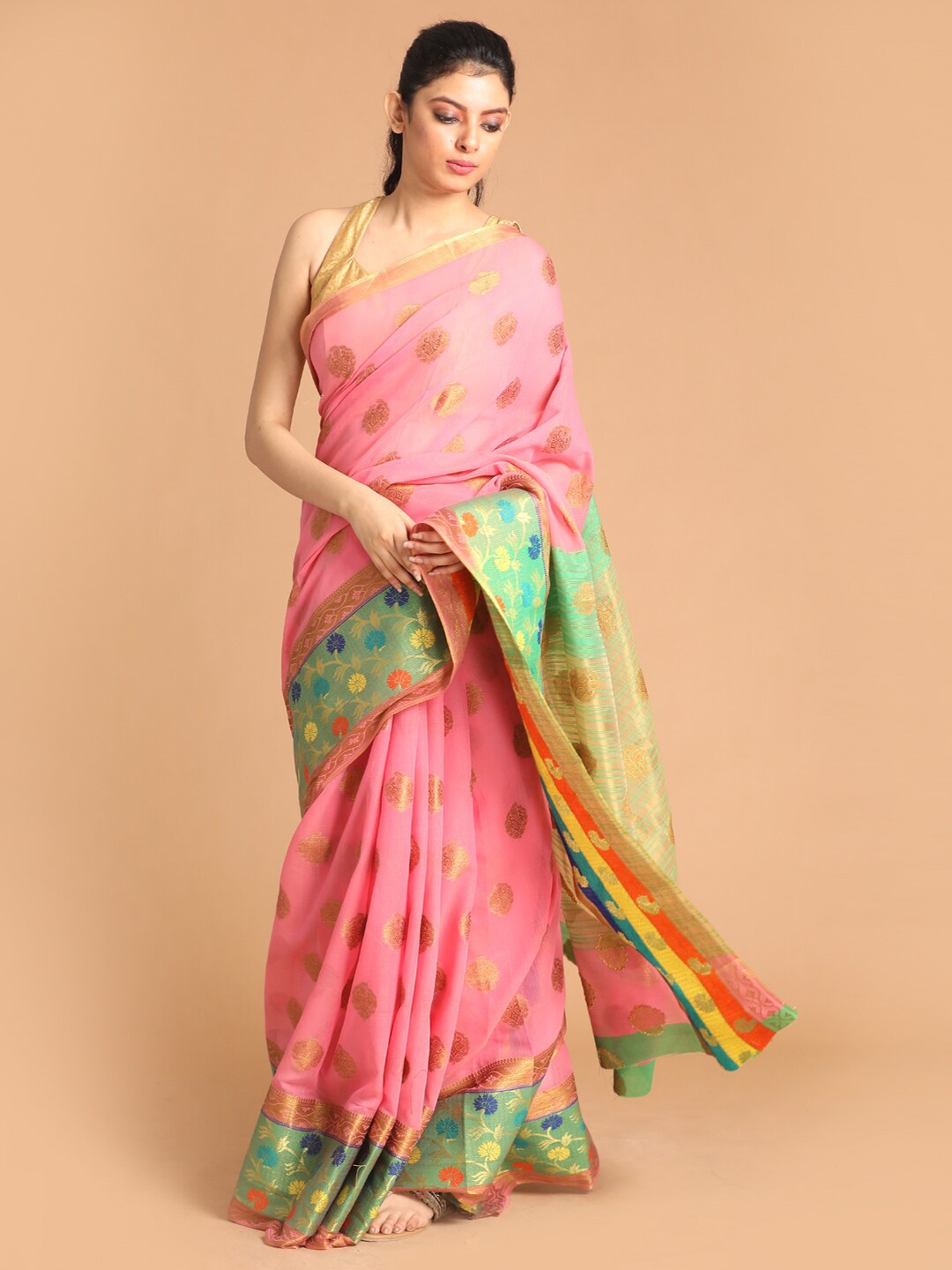 

Saranee Pink & Green Woven Design Saree