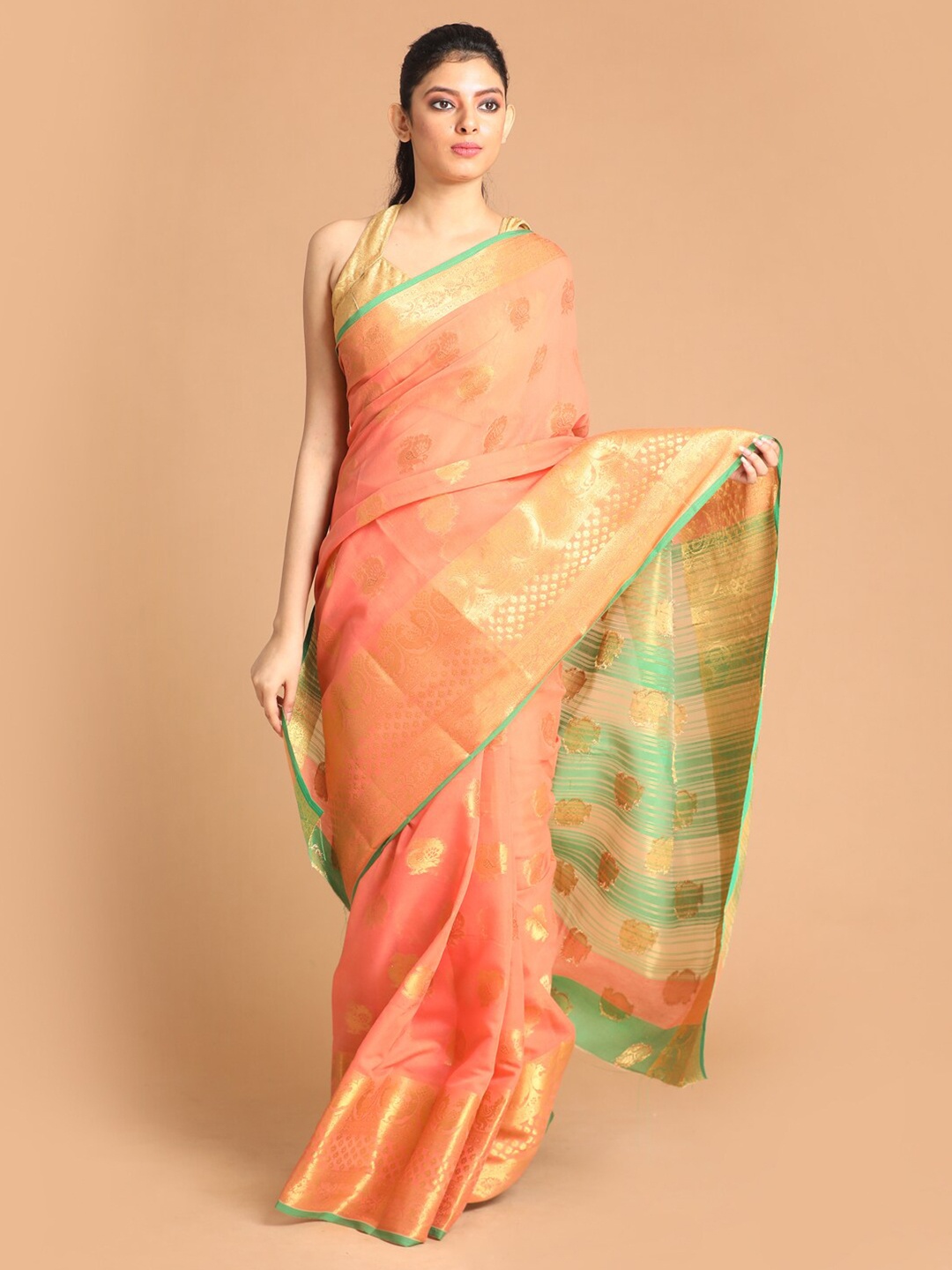

Saranee Coral & Green Ethnic Motifs Zari Saree
