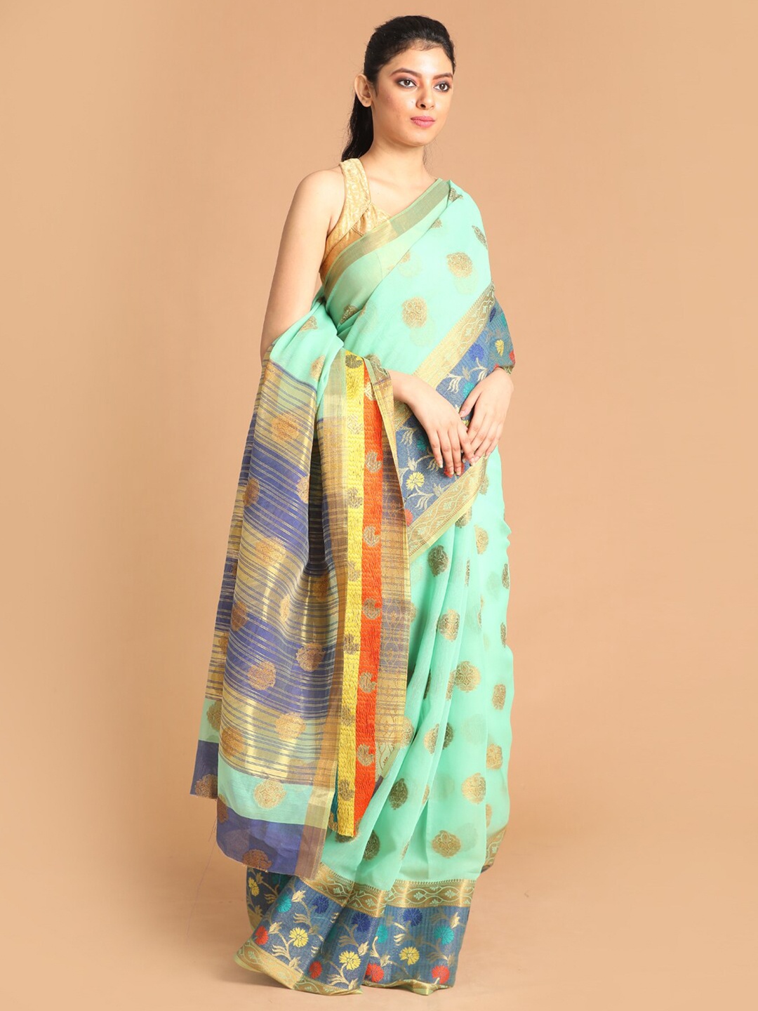 Saranee Lime Green & Blue Ethnic Motifs Zari Saree