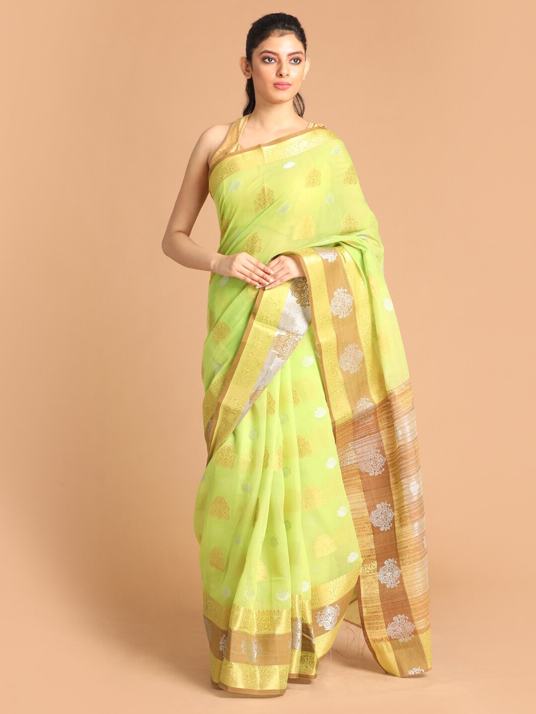 

Saranee Fluorescent Green & Gold-Toned Ethnic Motifs Woven Design Zari Border Saree
