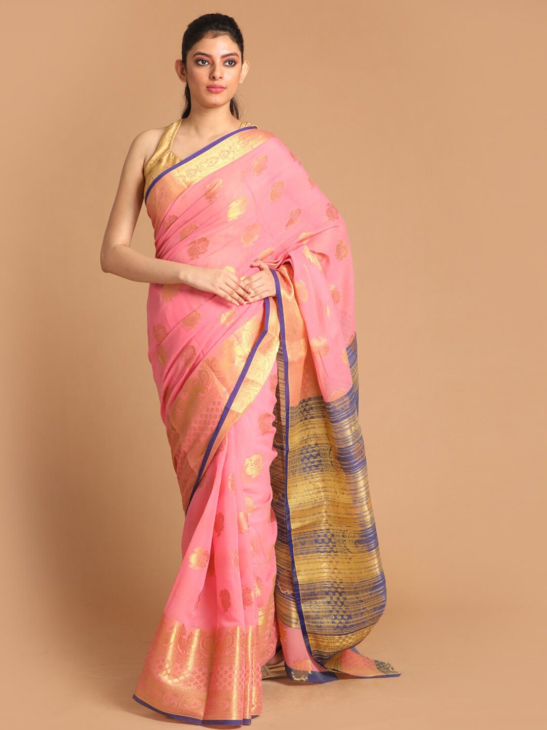 

Saranee Pink & Gold-Toned Ethnic Motifs Zari Saree
