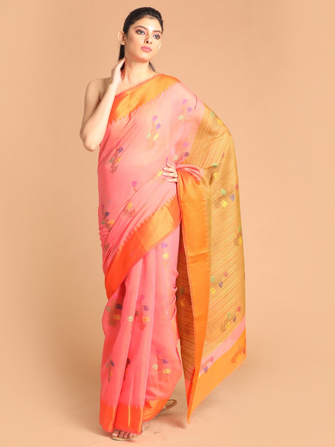 

Saranee Coral & Orange Ethnic Motifs Woven Zari Saree