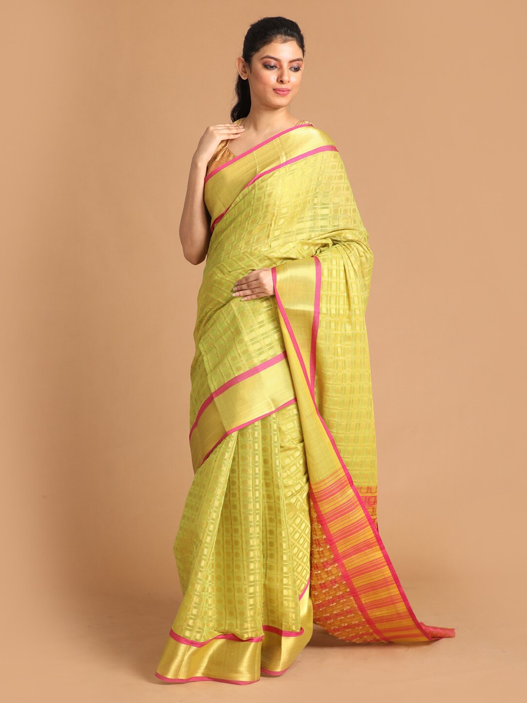

Saranee Lime Green & Pink Ethnic Motifs Zari Saree