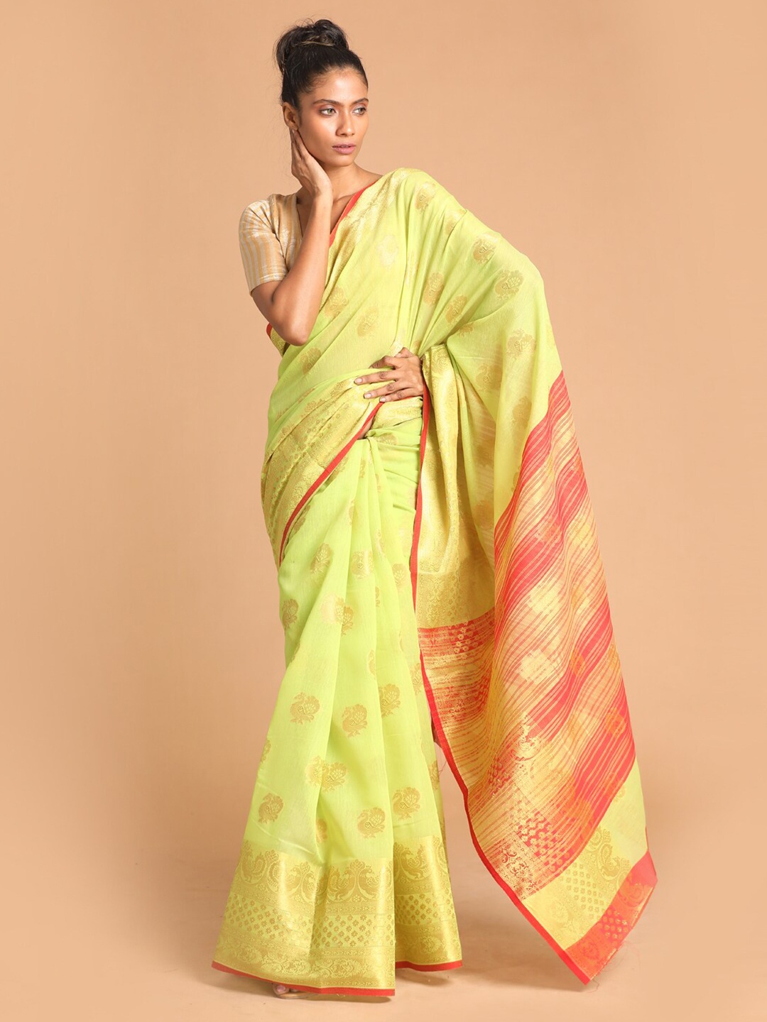 

Saranee Lime Green & Red Ethnic Motifs Zari Saree