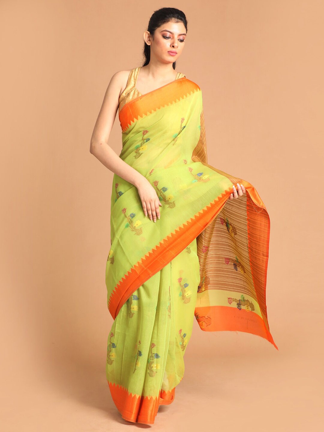 

Saranee Lime Green & Orange Ethnic Motifs Saree