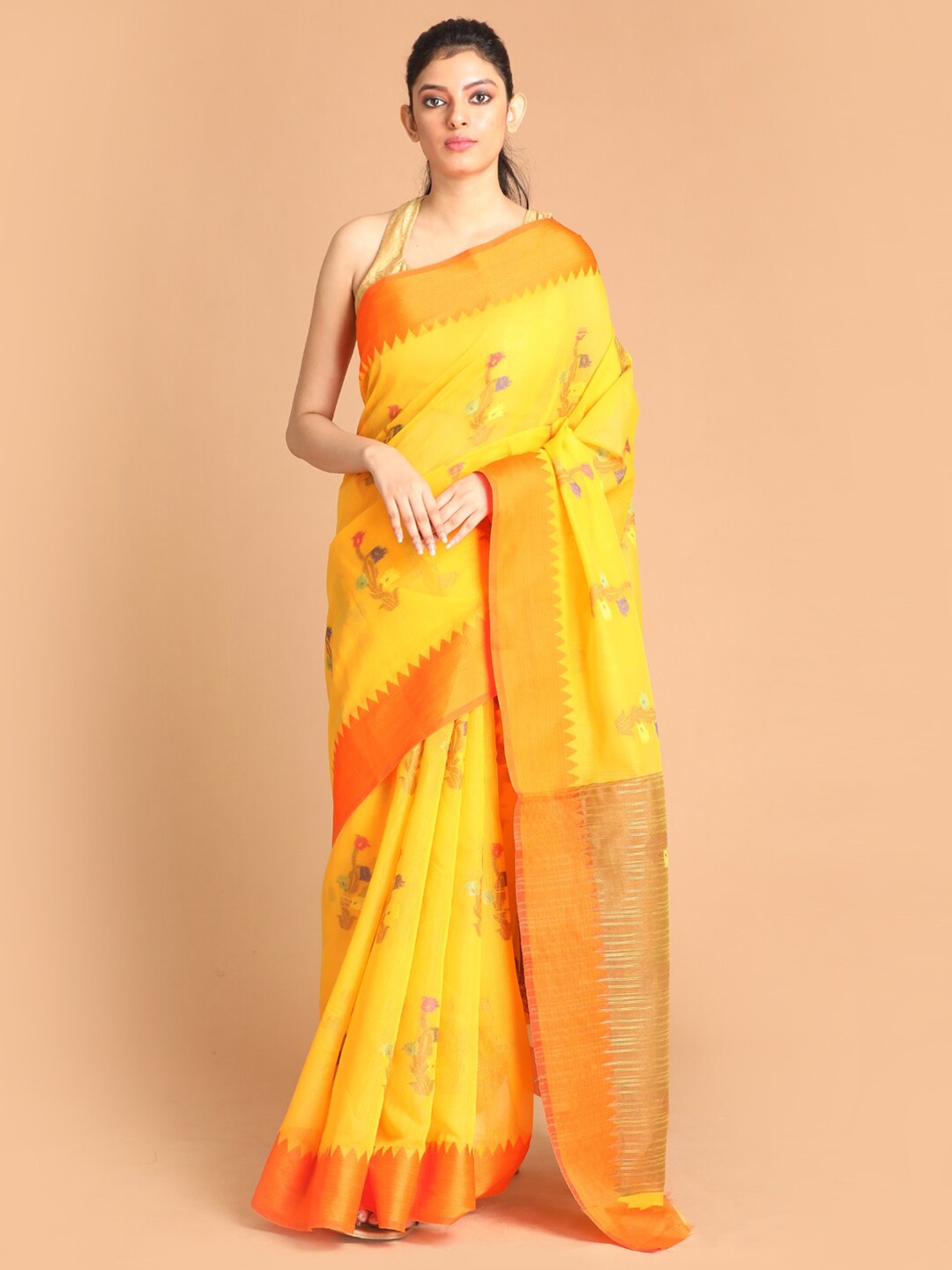 Saranee Yellow & Orange Floral Saree