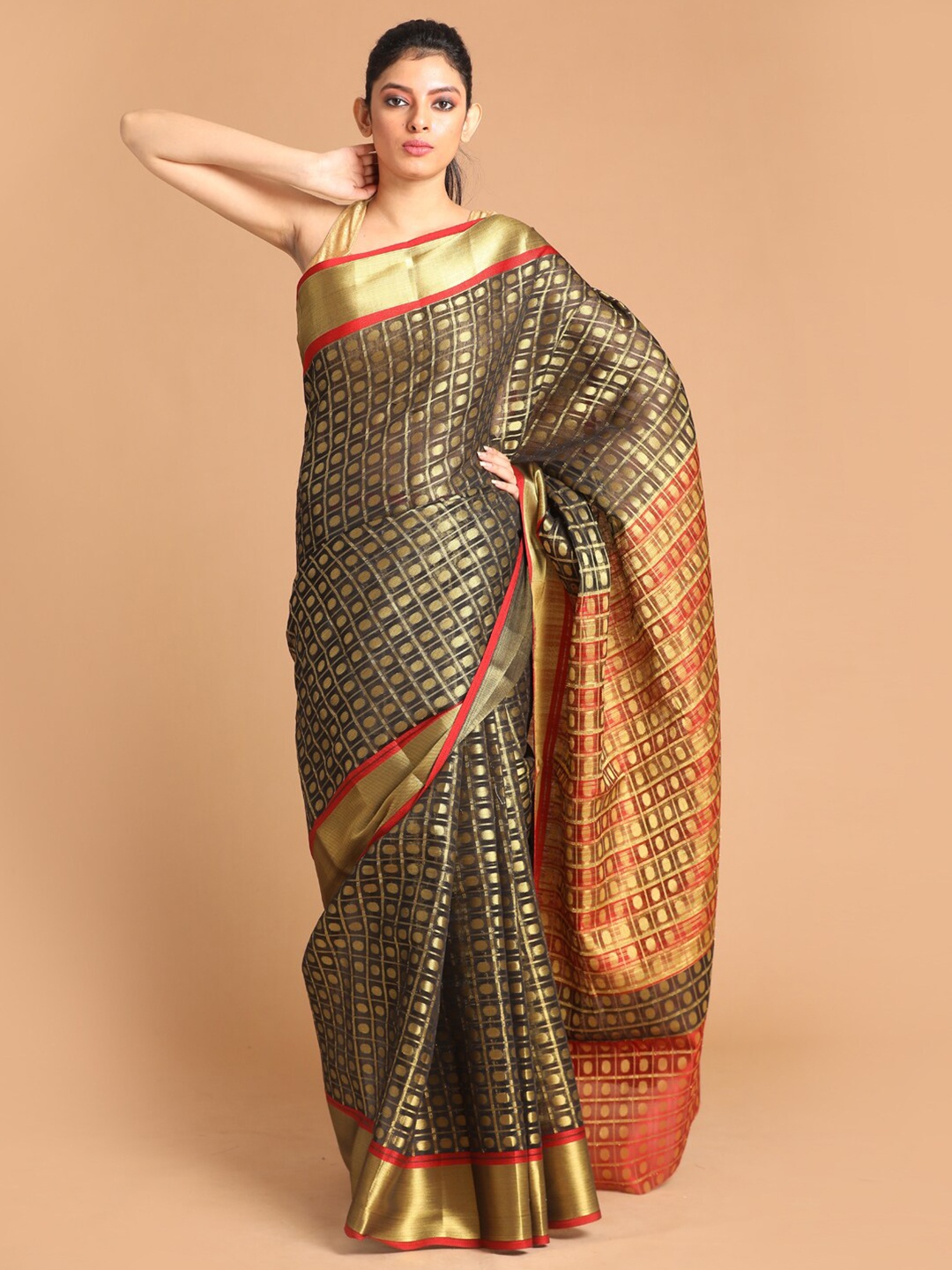 

Saranee Black & Red Ethnic Motifs Zari Saree