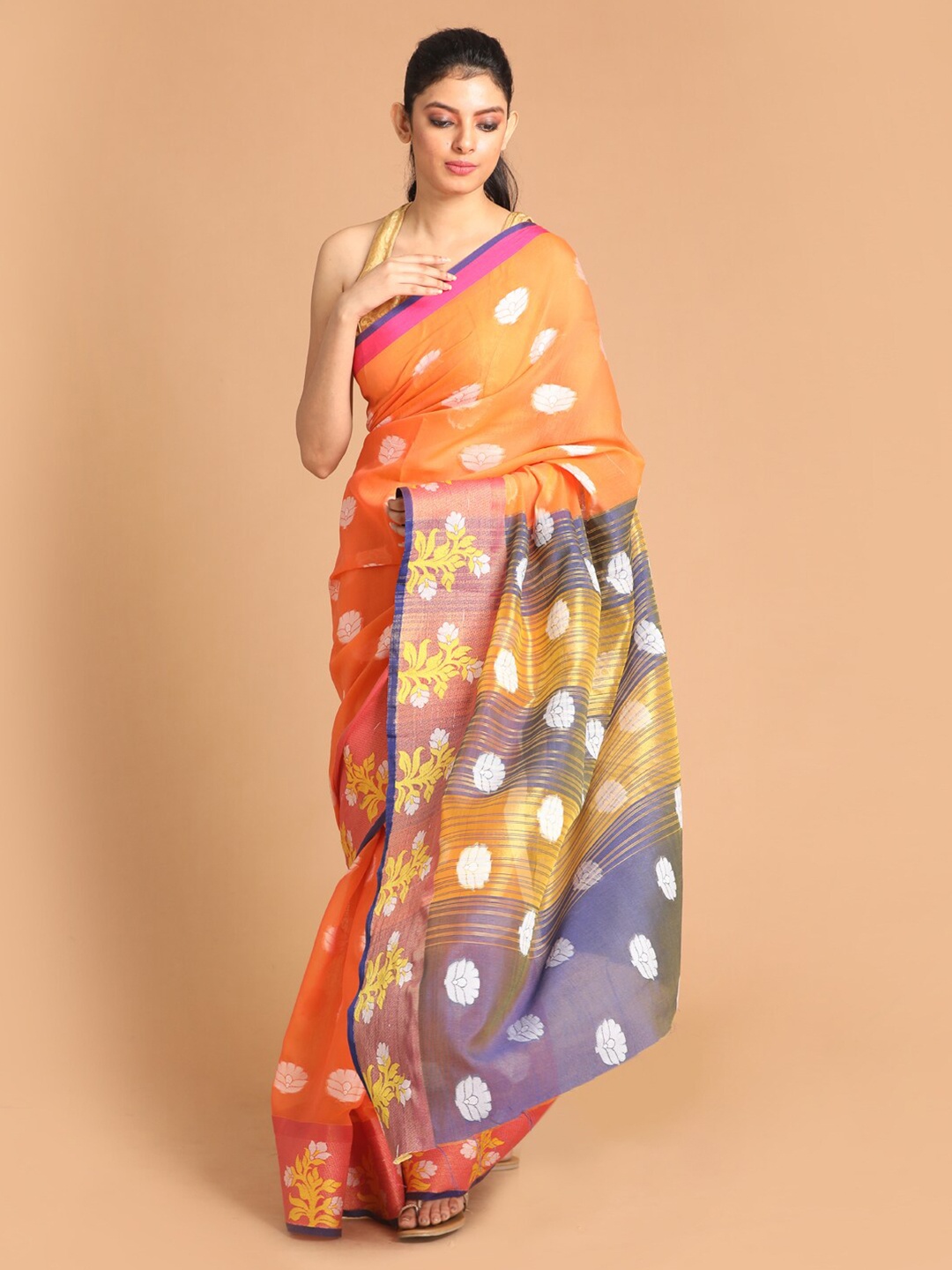 

Saranee Orange & Blue Floral Saree