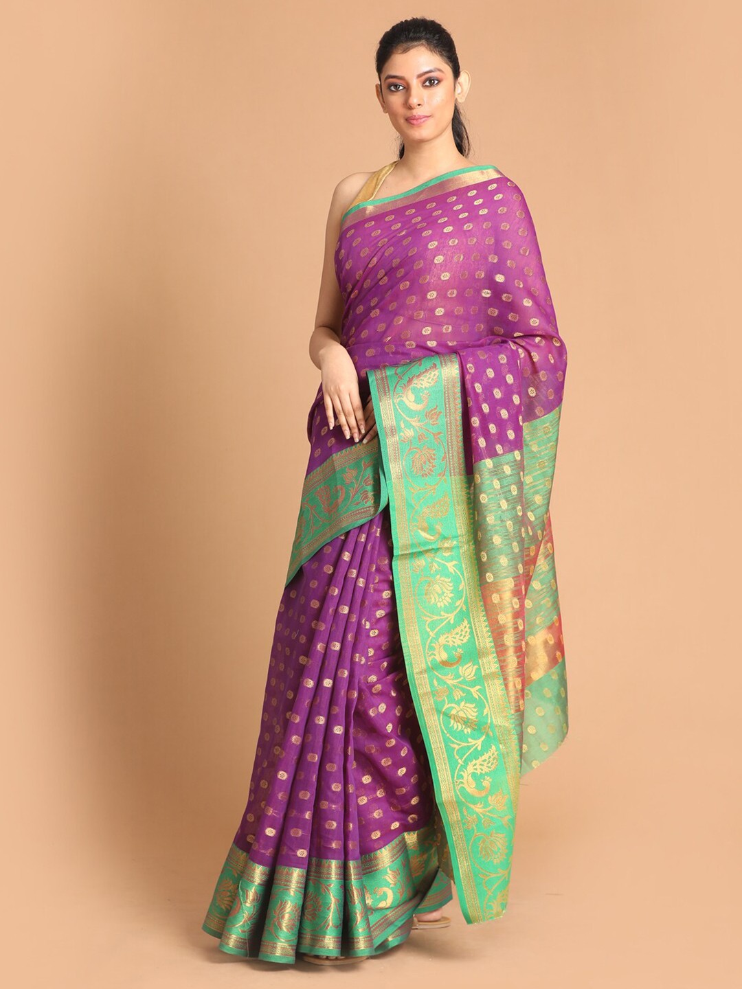 

Saranee Purple & Green Ethnic Motifs Zari Saree