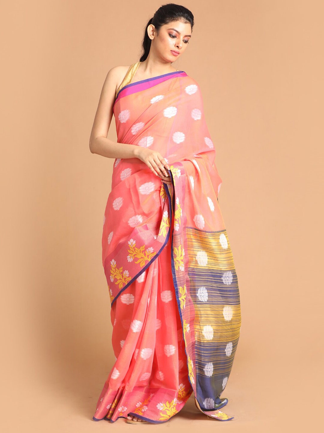 

Saranee Coral & Blue Ethnic Motifs Zari Saree