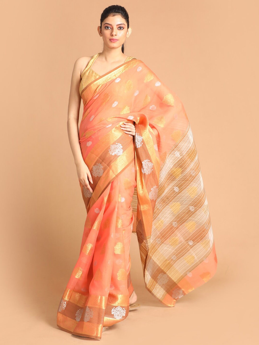 

Saranee Peach-Coloured & Gold-Toned Ethnic Motifs Zari Saree